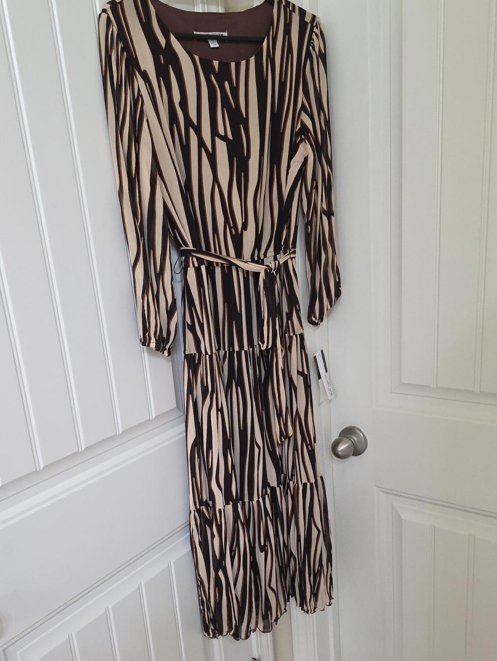 Tiered Long-Sleeve Maxi Dress with Self-Tie Belt - Beige & Brown